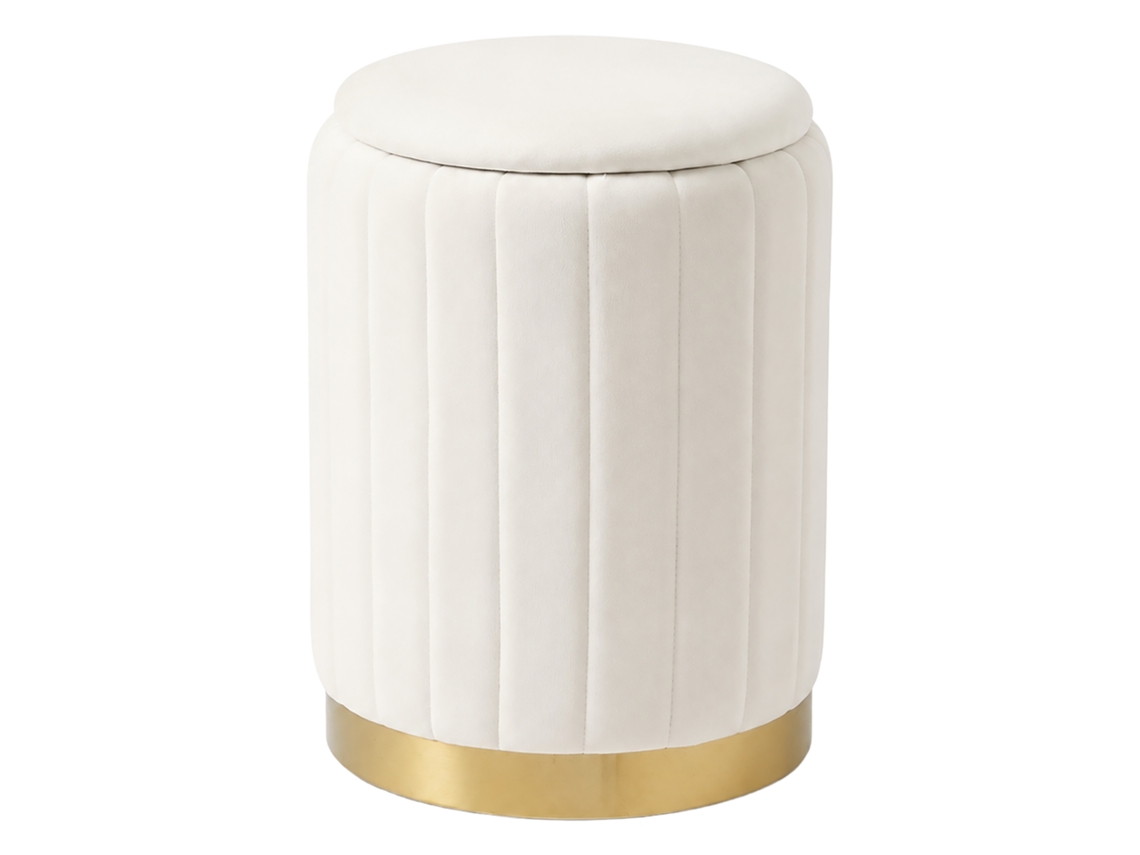 Relaxdays Banqueta De Veludo Com Arrumação, Estofada, 42 X 32 Cm, Redonda, Sala De Estar, Branca