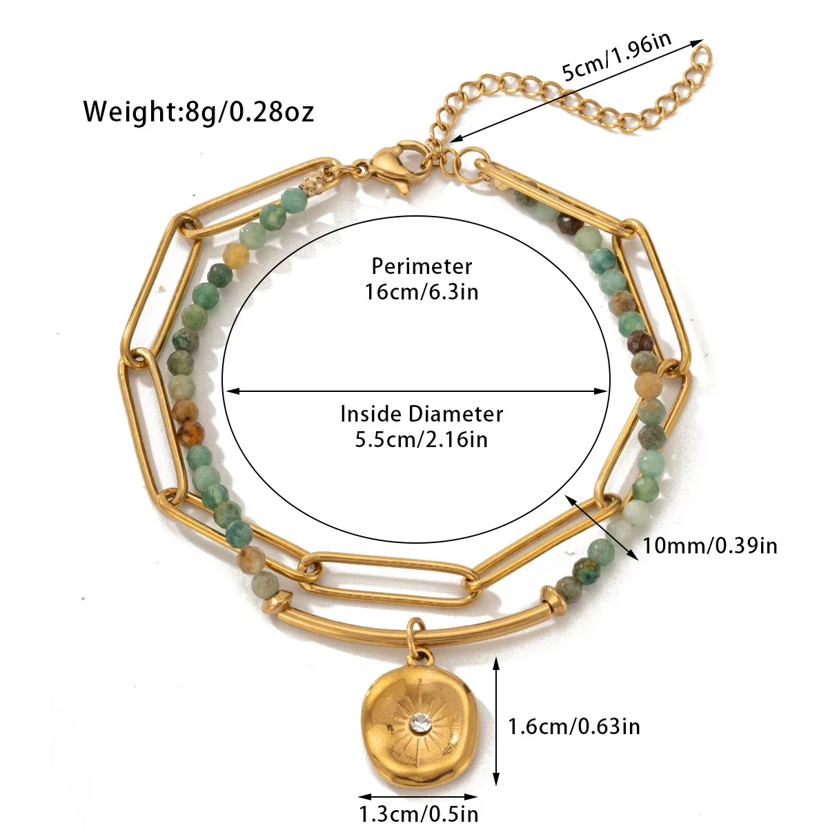 Pulseira Boêmia Em Aço Titânio Com Contas De Pedra Natural