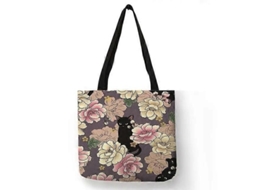 Bolsa de Compras Feminina com Estampa Floral Gatinho Desenho Animado, Ombro em Tecido Linho, Ec Ológica, Reutilizável e do GOKOCO