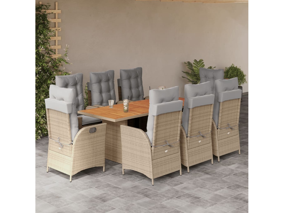 9 Pcs Conj. Jantar Jardim C/ Almofadões Vime Pe Bege Misturado Dkd Home Decor