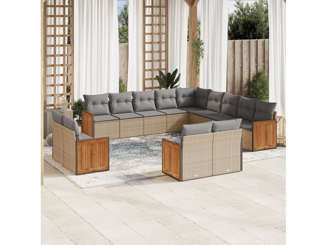 Vidaxl 13 Pcs Conjunto De Sofás P/ Jardim Com Almofadões Vime Pe Bege