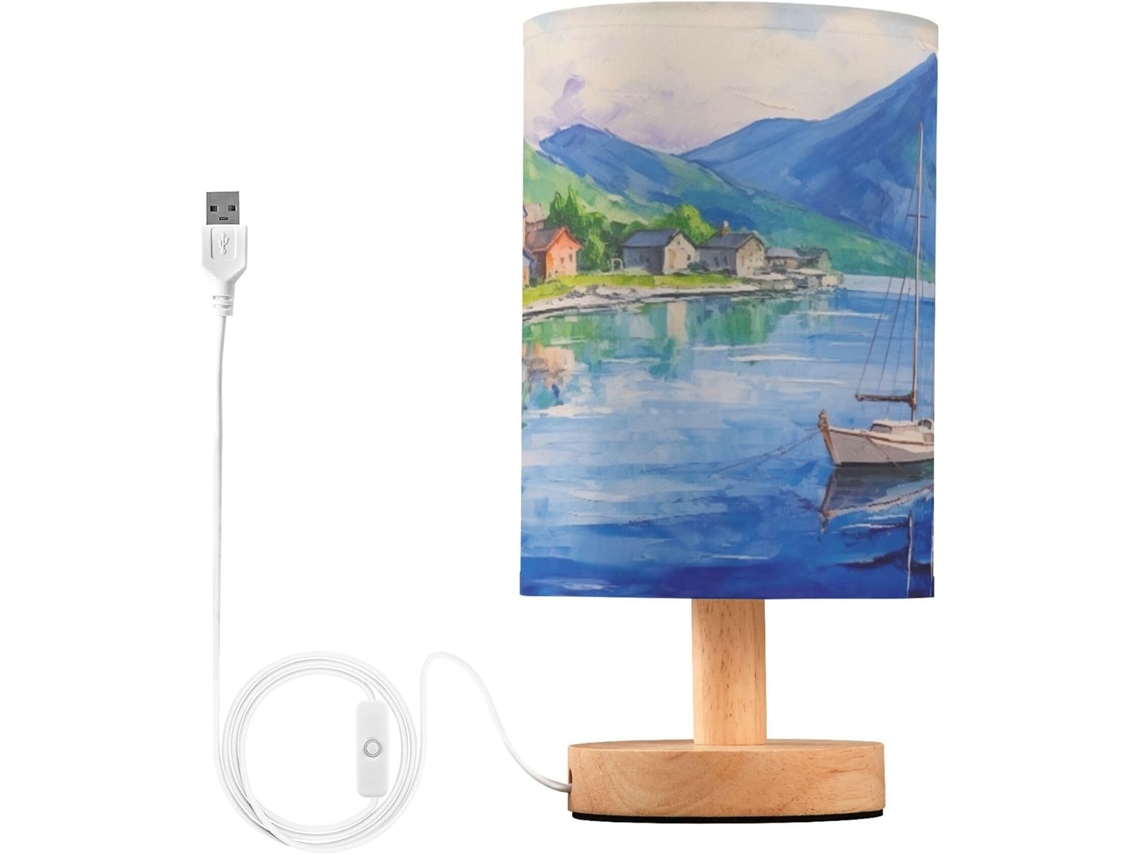 Abajur De Cabeceira Led Em Formato Barco Um Lago, Ideal Para Quarto, Com Cúpula De Tecido, Base De Madeira E Porta Usb