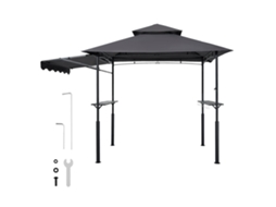 Gazebo para Churrasco, Abrigo Reforçado Churrasco com Revestimento em Pó 243 X 150 250 Cm Teto de 2 Níveis, Prateleiras Laterais, Ganchos e Toldo