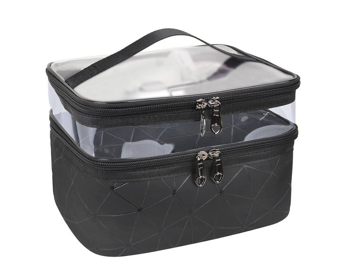 2026 linjou Bolsa de Maquiagem de Duas Camadas Organizador Viagem Estojo Cosmético Impermeável Preto Negro