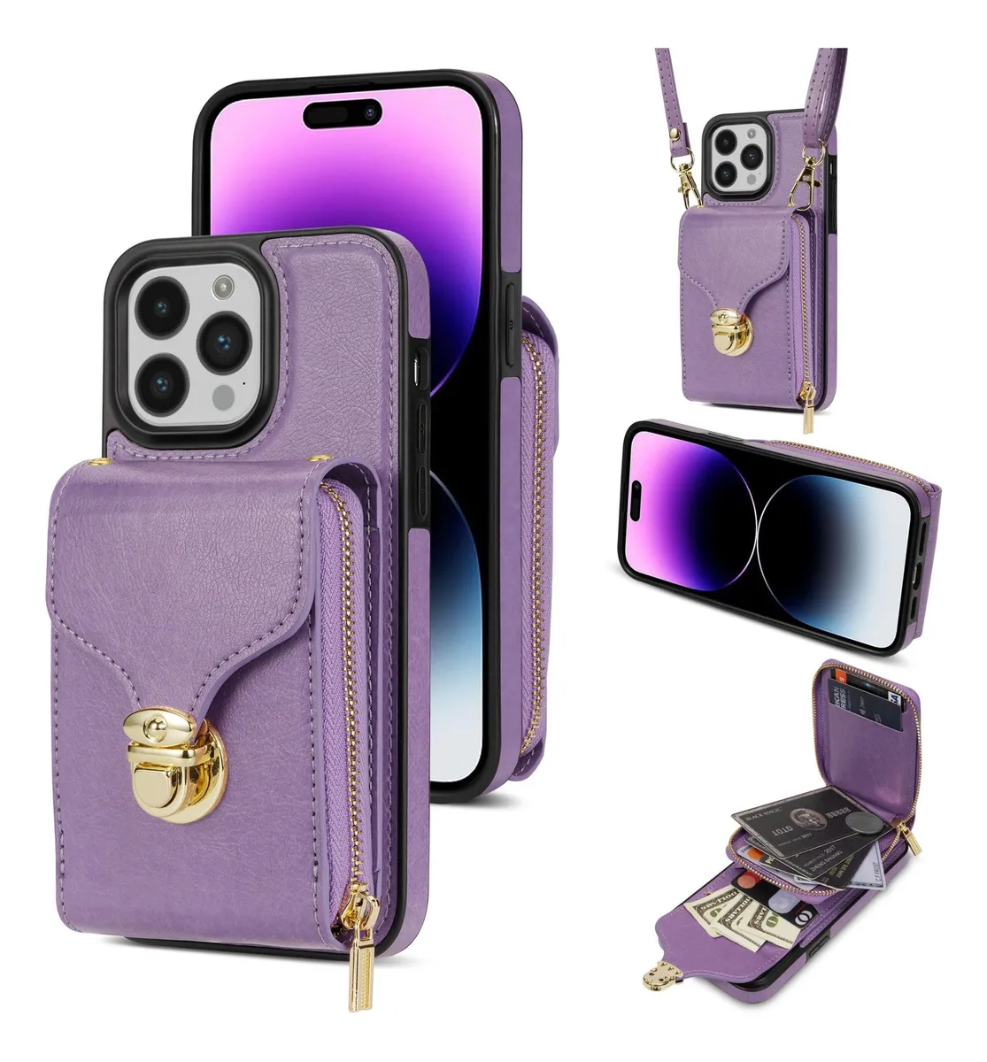 Capa Tipo Carteira Com Zíper Para Iphone 15, 14 E 13 Pro Max