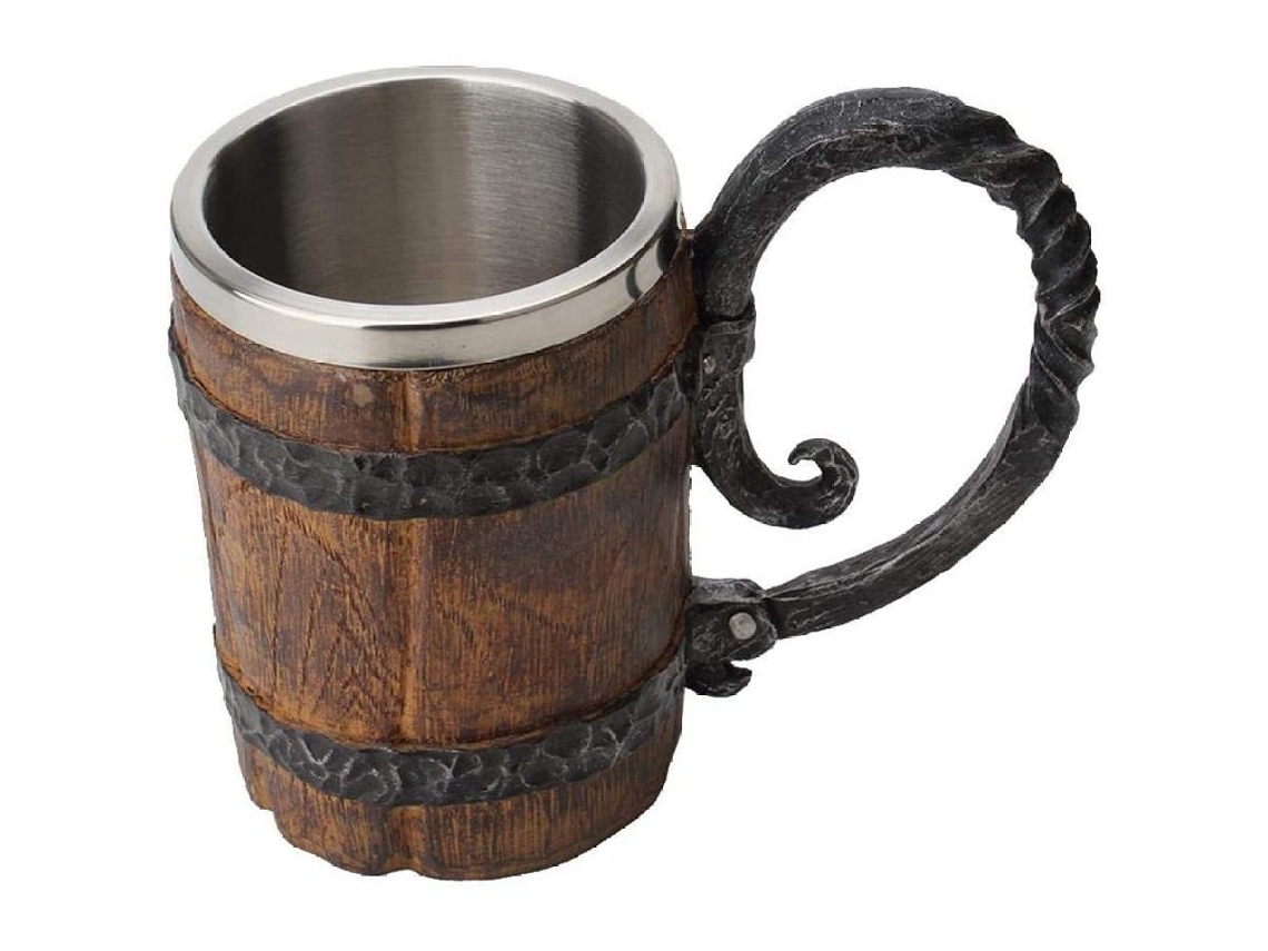 Caneca de Cerveja, Aço Inoxidável Imitando Madeira, Rústica em Formato de Barril, Capacidade de 550 Ml AQUAFORGE