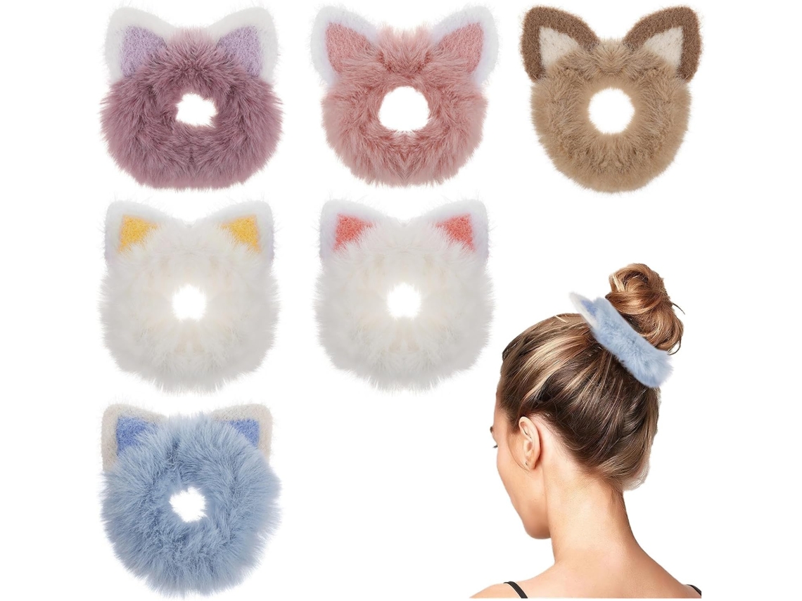 Conjunto de 6 faixas de cabelo Pelúcia com estampa de gato para mulheres e meninas, lisas e elásticas.