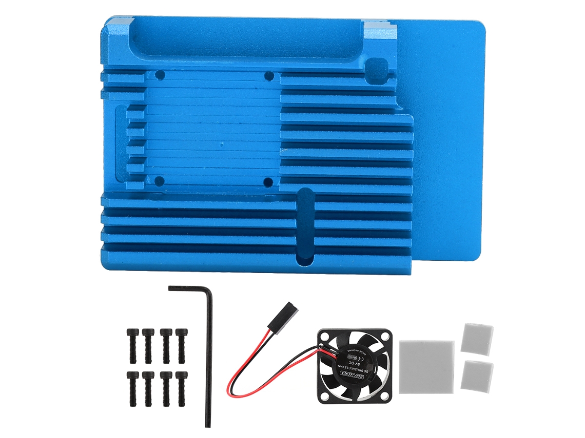 Gabinete de alumínio com ventoinha para Raspberry Pi 4, decoração azul, DC5V, luz dourada.