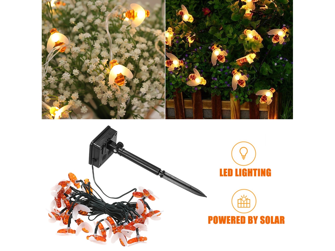 Luzes Solares em Cordel com 30 Led, Abelhinhas, 8 Modos para Festas e Jardim | S/MARCA