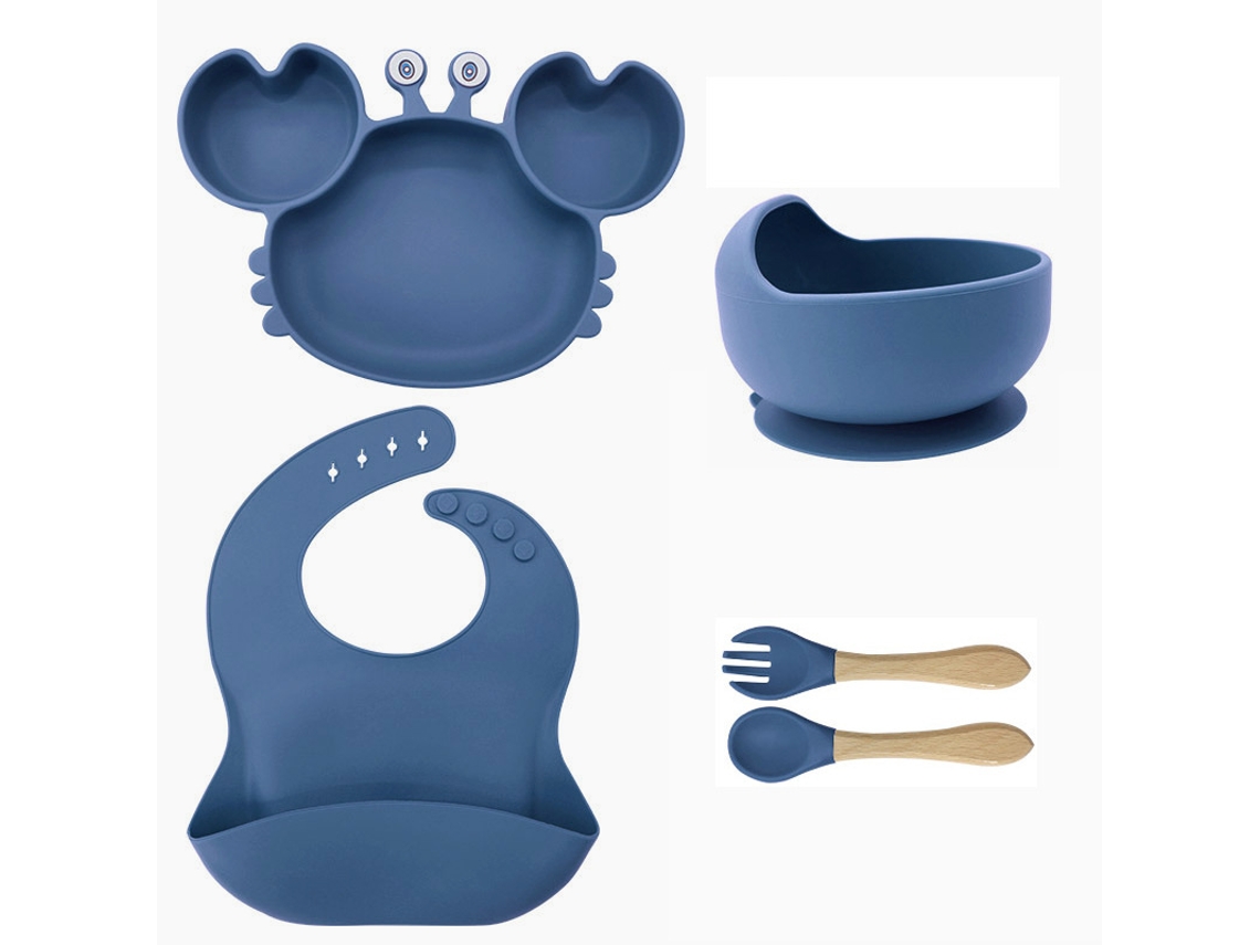 Conjunto 5 Peças Louça De Bebé Em Silicone Azul Escuro: Prato Caranguejo, Tigela, Babete E Talheres, Antiaderente, Bpa-free Para Blw