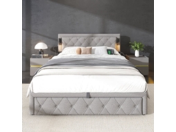 Cama Contentora Em Tecido De Linho 160x200 Cm - Com Luz De Leitura E Tomada Usb - Com Estrado - Cinzento