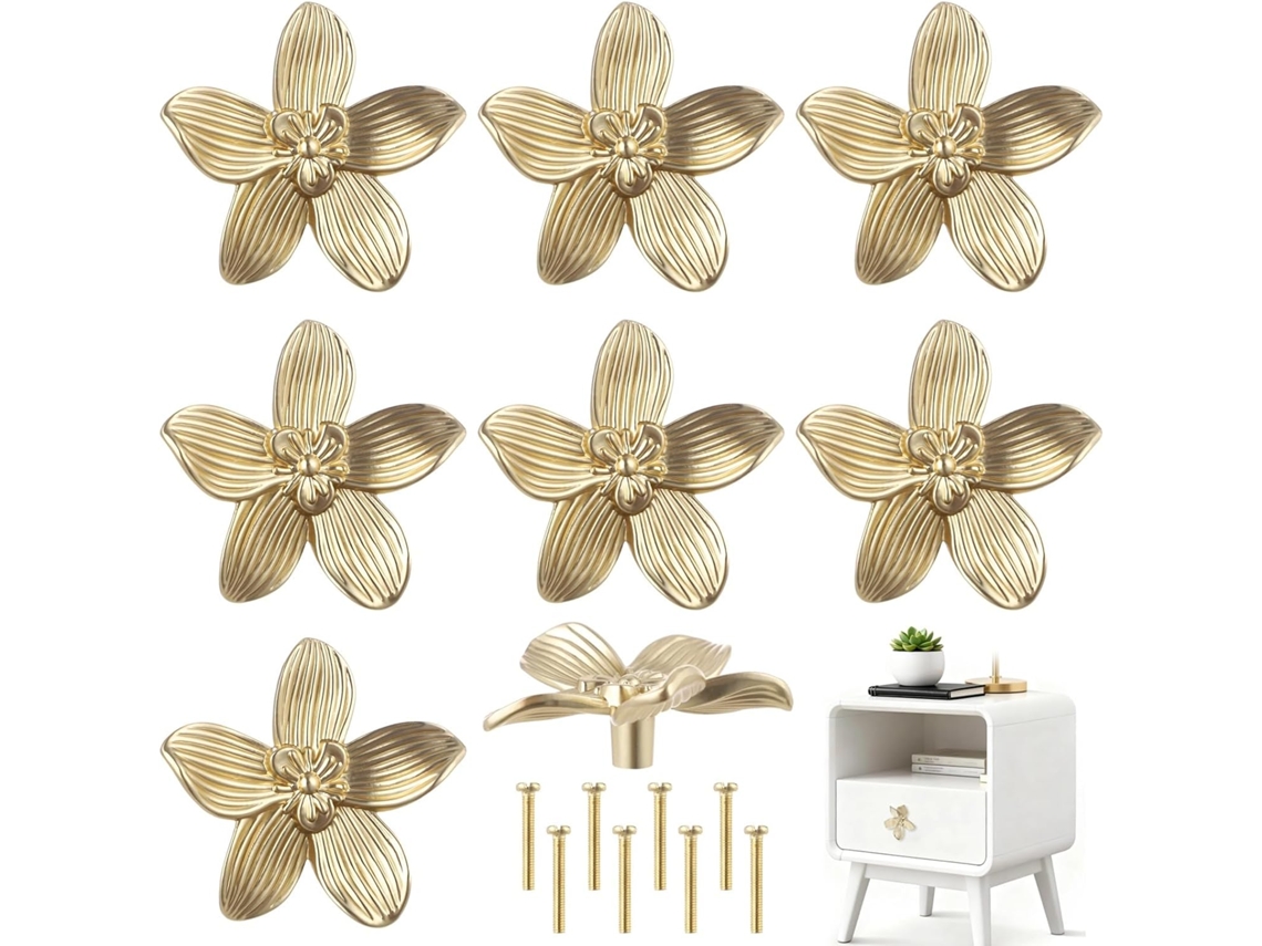 Conjunto De 8 Puxadores Para Armário, 6cm 2, 4pol Em Formato De Flor, Dourado Escovado, Em Liga De Zinco, Estilo Chinês