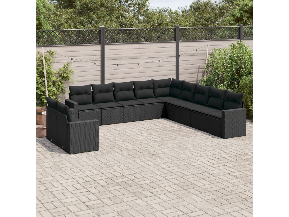 Vidaxl 11 Pcs Conjunto Sofás De Jardim C/ Almofadões Vime Pe Preto
