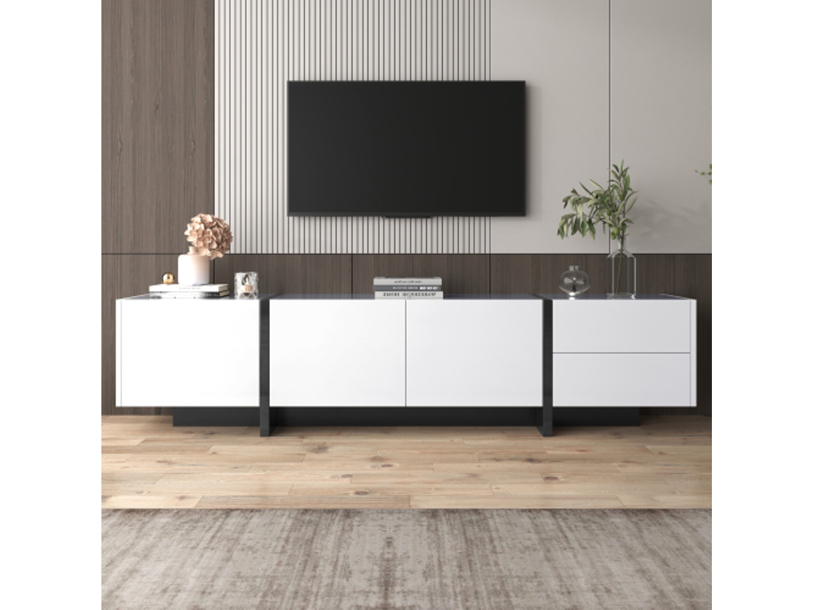 Este Armário Baixo Minimalista E Linear Apresenta Pés, Portas, Gavetas E Prateleiras Interiores Em Preto Brilhante Com Contraste Com O Branco.