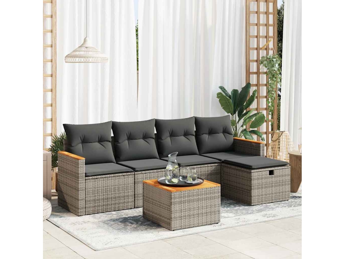 6 Pcs Conjunto de Móveis de Jardim - Conjunto Sofás de Jardim com Almofadões Vime Cinzento HARLANV1