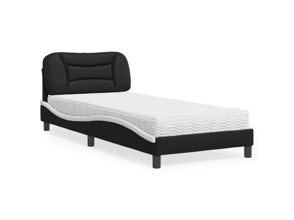 Cama Com Colchão 90x200 Cm Couro Artificial Preto E Branco