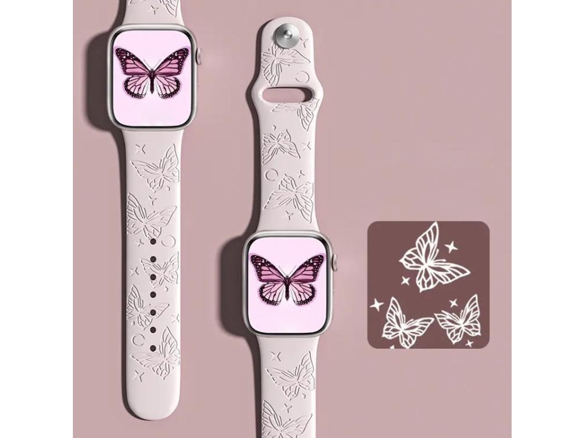 Bracelete para Apple Watch 42/41/40/38mm Silicone Laser Rosa Borboleta XIAOMOYU
