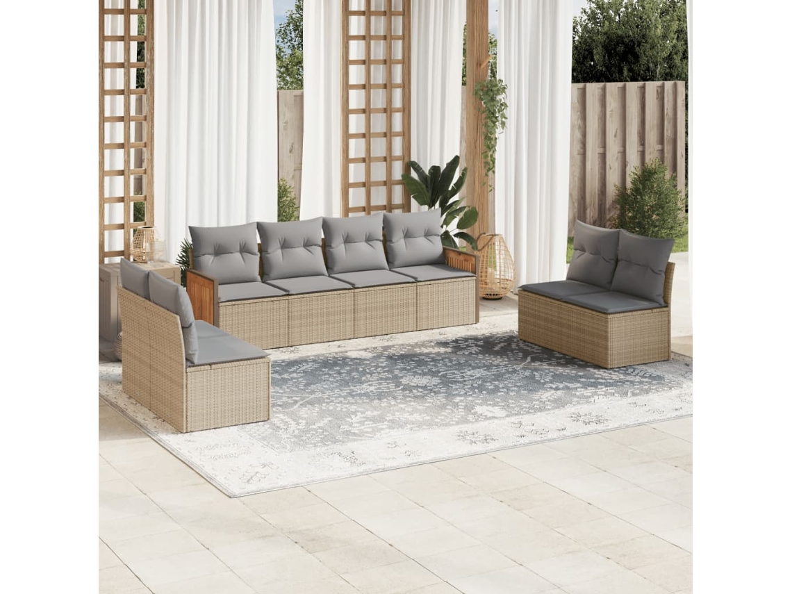 Vidaxl 8 Pcs Conjunto De Sofás P/ Jardim Com Almofadões Vime Pe Bege