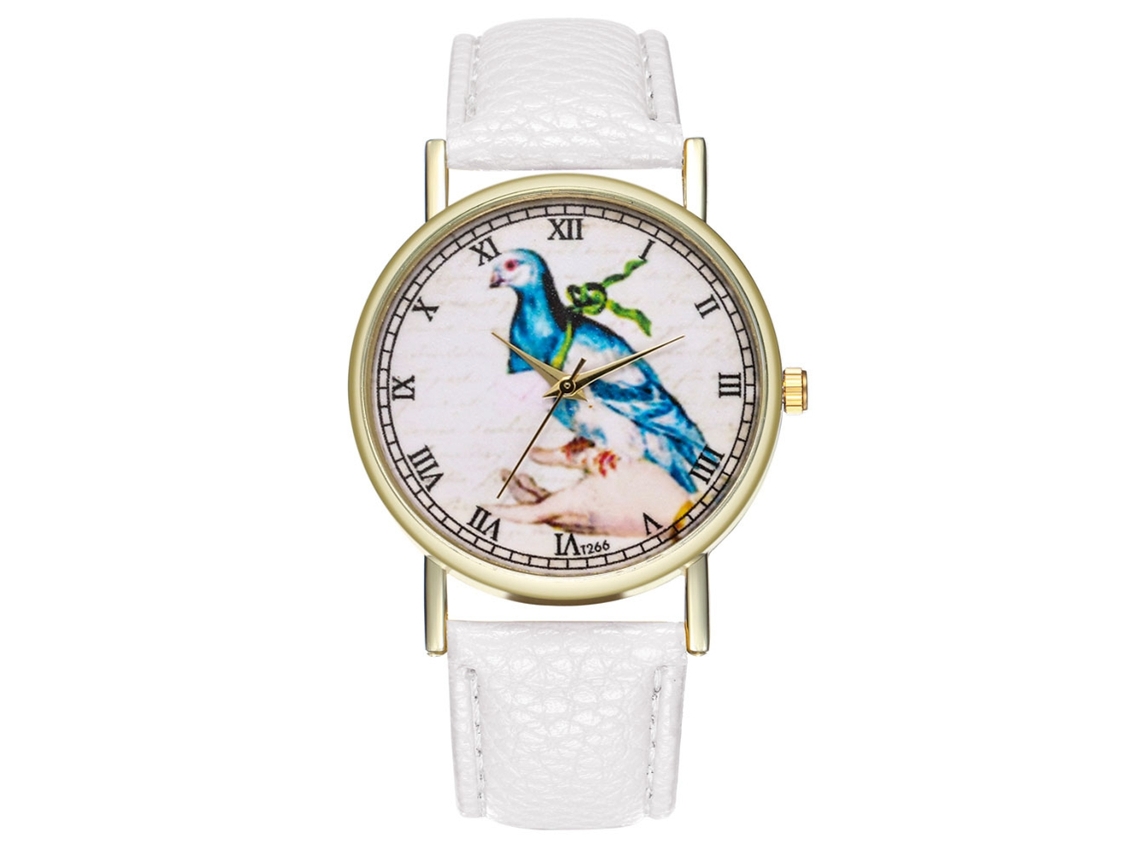Relógio de Quartzo Feminino com Pulseira de Couro e Padrão Clássico de Ave Branco