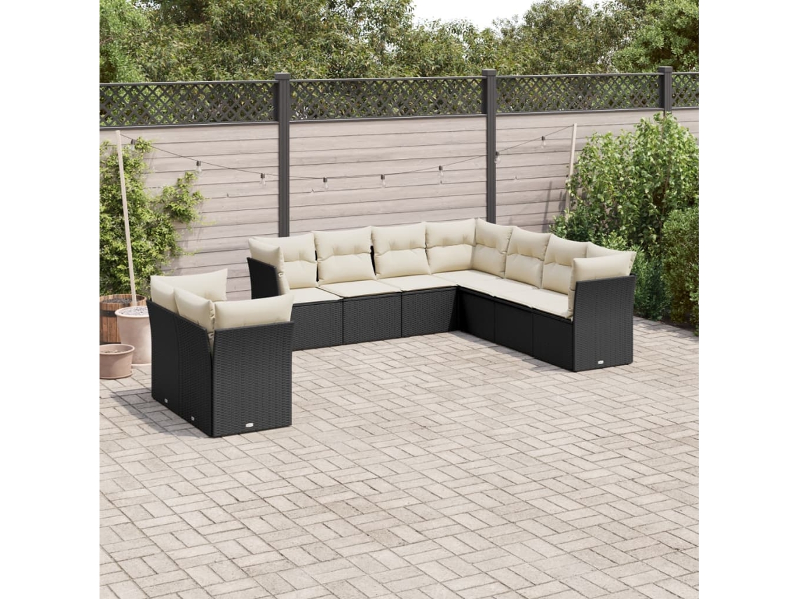 Jogo de Sofá 9 Peças P/ Jardim C/ Almofadões Vime Pe Preto Dkd Home Decor