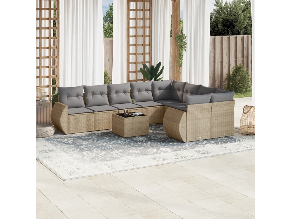 Vidaxl 10 Pcs Conjunto De Sofás P/ Jardim Com Almofadões Vime Pe Bege