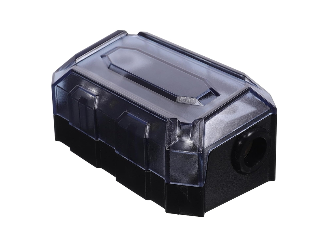 Porta-fusível automotivo com faixa de metal e plástico para proteção de segurança.