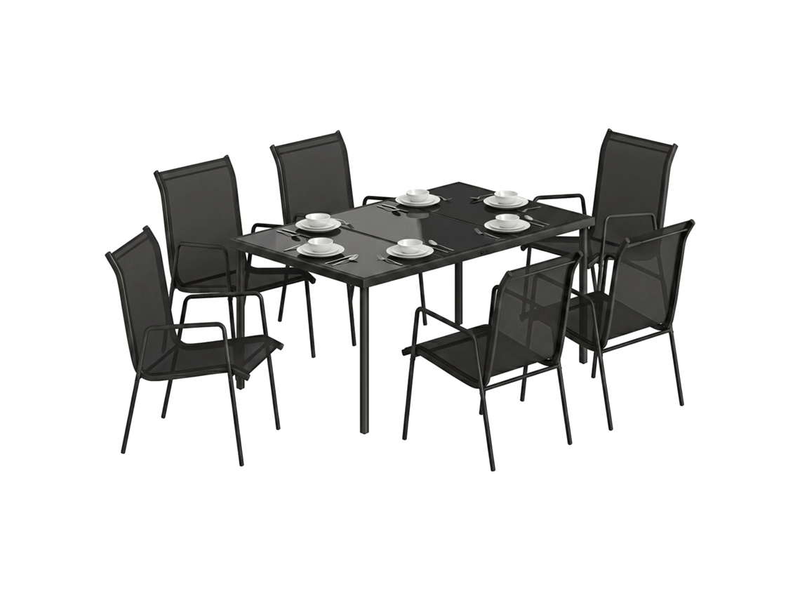 Conjunto De Móveis De Jardim Para 6 Pessoas, Mesa E Cadeiras Empilháveis Em Textilene, 70x51x87cm, Preto