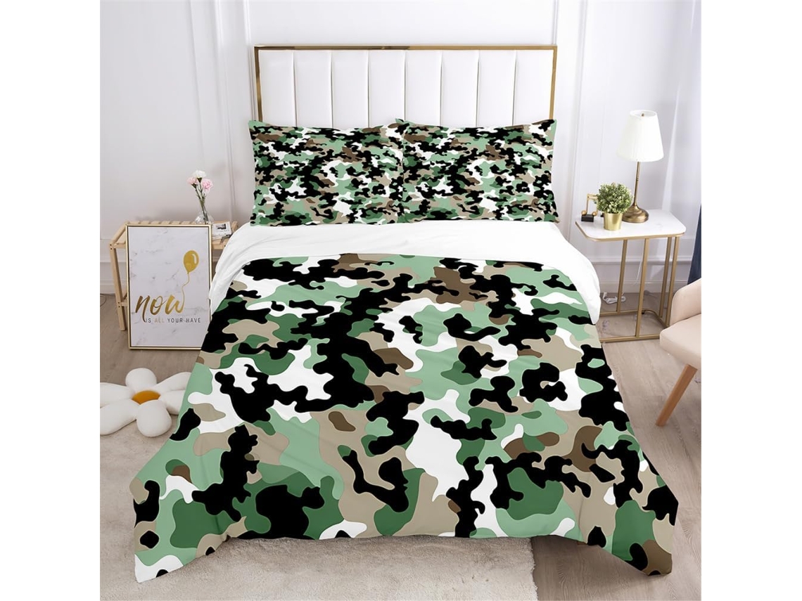 Capa de Edredom com Tema Militar Verde em Microfibra Fronha 220x240 Cm