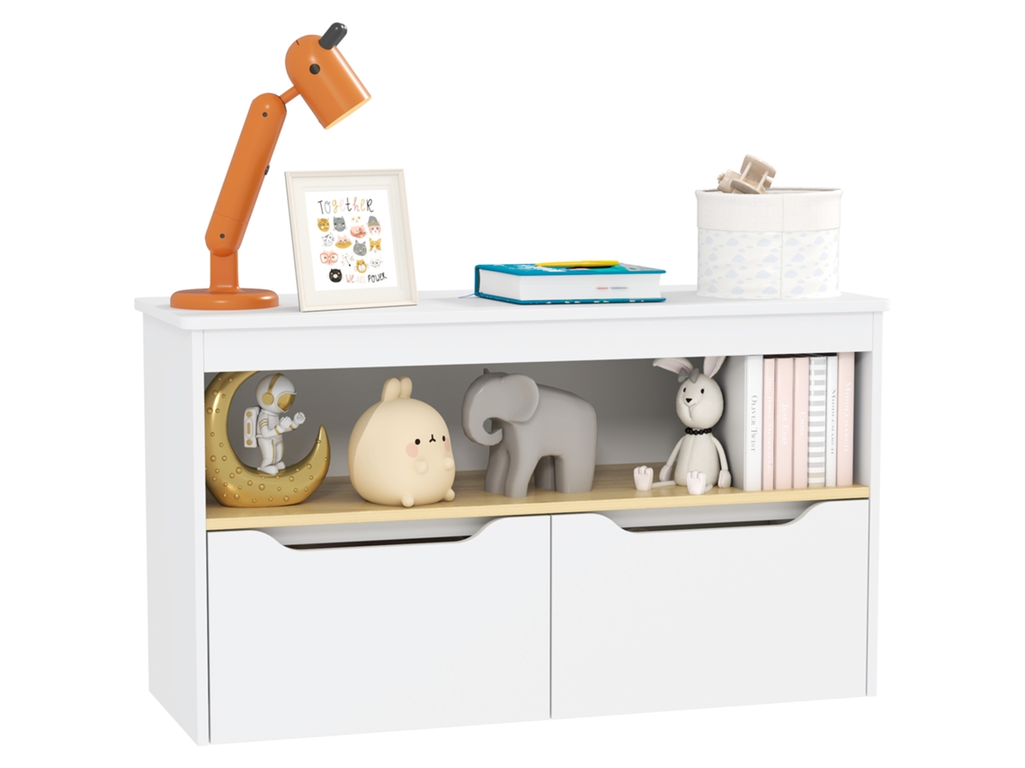 Estante Infantil Para Brinquedos Com 2 Gavetas E Compartimento Para Sala De Quarto Ou De Jogos, 80x30x45 Cm, Branca.