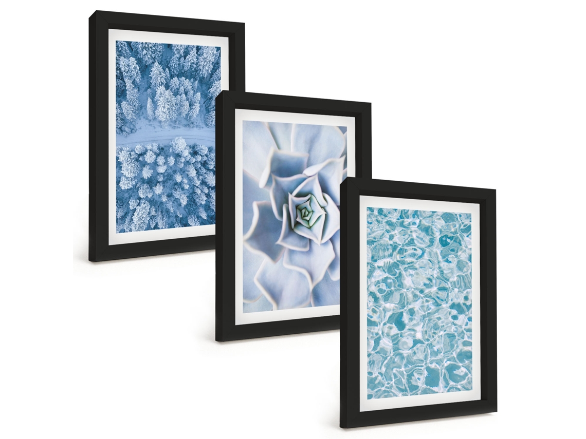 Composição De Quadros Floresta De Inverno, Água Com Flores Azuis Espelharte (3 Peças 20x30 Cm)