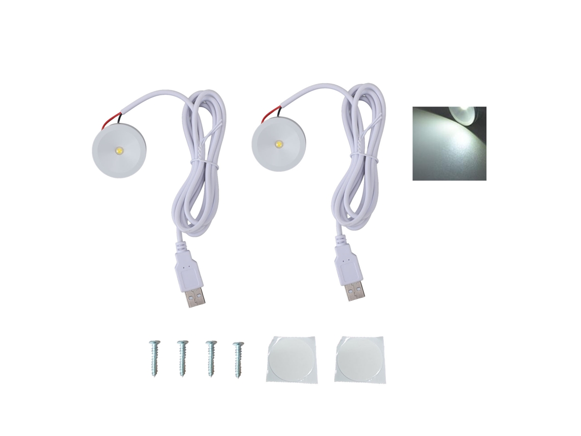 2 Sets Spot Mini LED 5v 1w USB Luz Branca com Cabo 1.3m para Vitrine de Joias e Mostruário | S/MARCA
