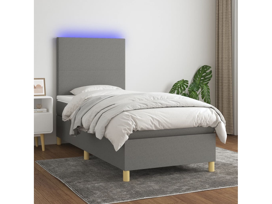 Vidaxl Cama Box Spring C/ Colchão E Led 90x190 Cm Tecido Cinza-escuro