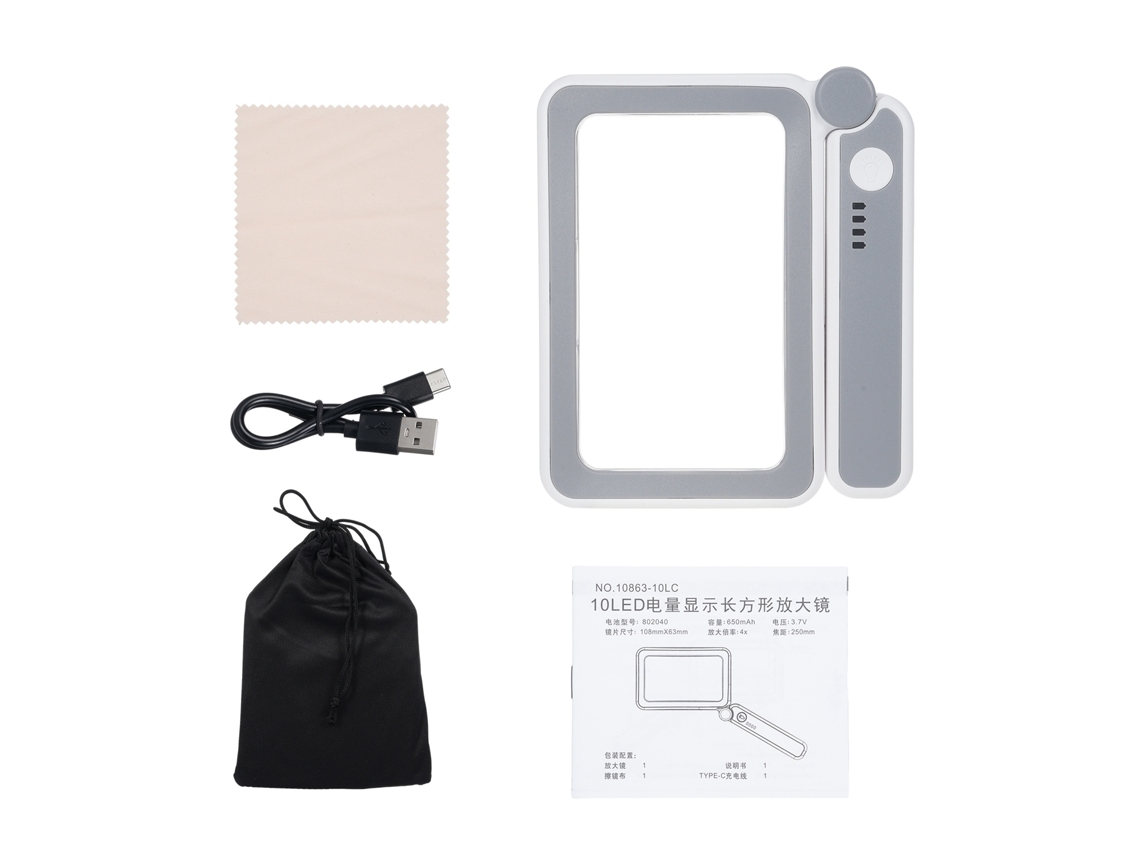 Lupa Led 4x com 3 Níveis de Brilho para Leitura, Presente Ideal para Idosos, Lupa Retangular Portátil