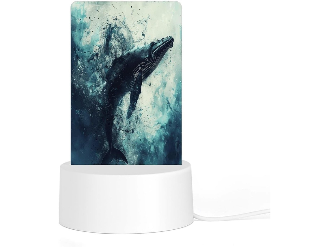 Luminária noturna LED em acrílico com base de plástico encaixável, estampa Baleia em água, ideal para quarto.