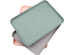 Kit Com 3 Bandejas Plásticas Retangulares Pequenas Para Cozinha, Jantar, Café, Cores Rosa, Cinza, Cinza-verde