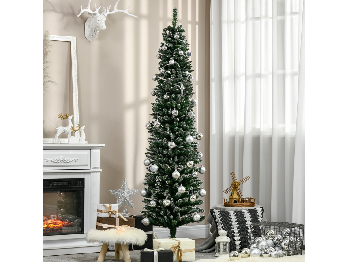 Albero Di Natale Slim Con 570 Rami, Albero Di Natale Innevato Artificiale Alto E Stretto Con Base Rimovibile E Pieghevole, Φ53x190cm, Verde