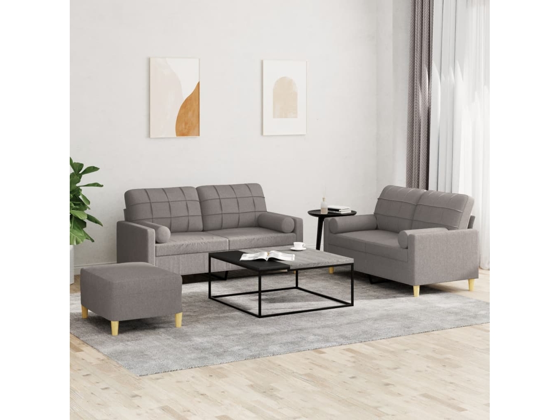 Vidaxl 3 Pcs Conjunto de Sofás com Almofadas Tecido Cinza acastanhado