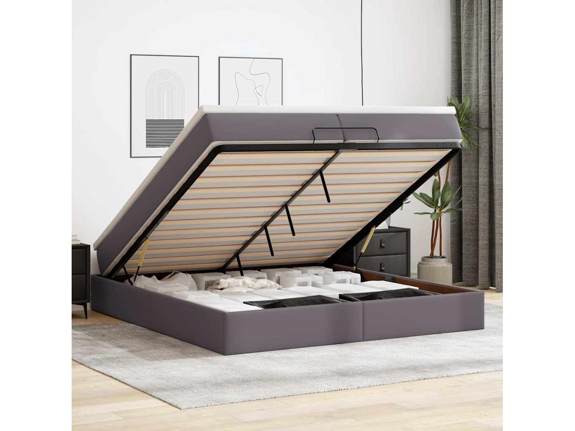 Vidaxl Estrutura de Cama Otomana com Colchão Cinza Couro Falso
