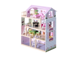 Casa de Bonecas de Madeira (jogo Imitação 4 Níveis, 13 Acessórios, 60lx30wx80h Cm, Branco e Rosa)