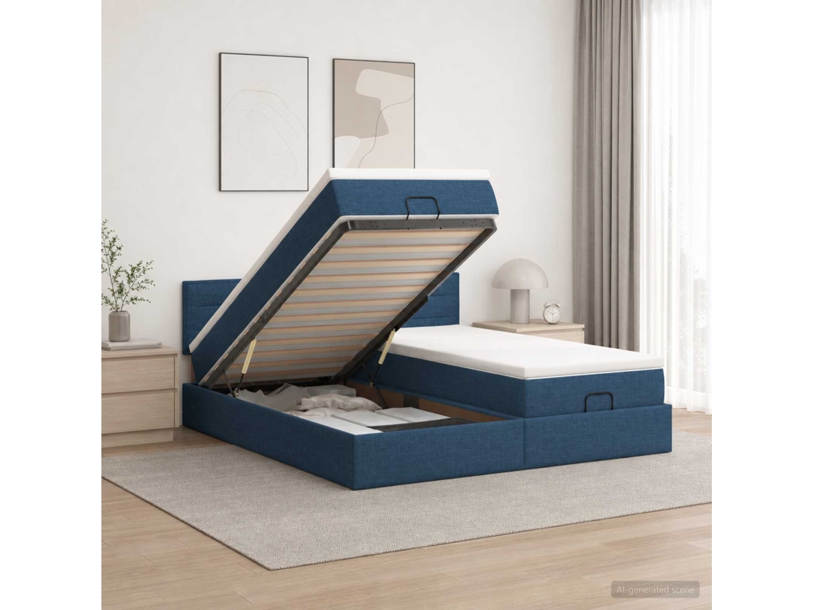 Vidaxl Cama Ottoman Com Colchão Com Cabeceira 2 Unid. Azul Tecido