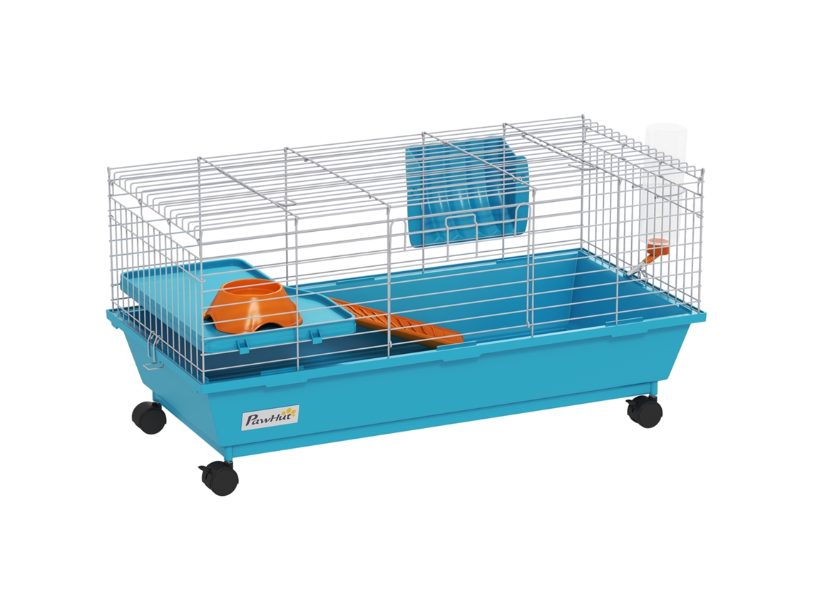 Gaiola Pequenos Com Rodas, Garrafa Comedouro Dispensador De Feno Para Coelhos E Porquinhos-da-índia 89x44x43 Cm Azul
