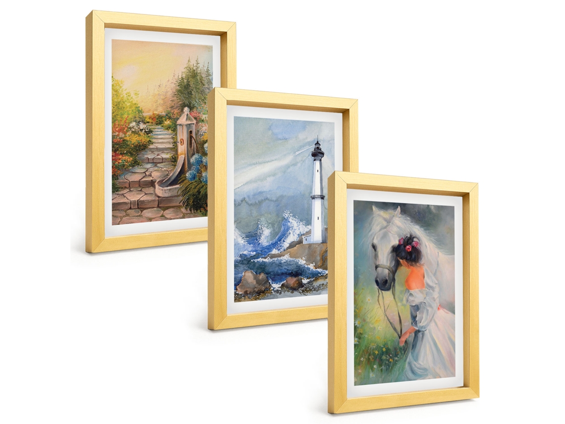 Galeria De Pinturas Muraiscenário De Farol, Menina A Cavalo Moldura Dourada Fotos Para O Escritório Espelharte (3 Peças 20x30 Cm)