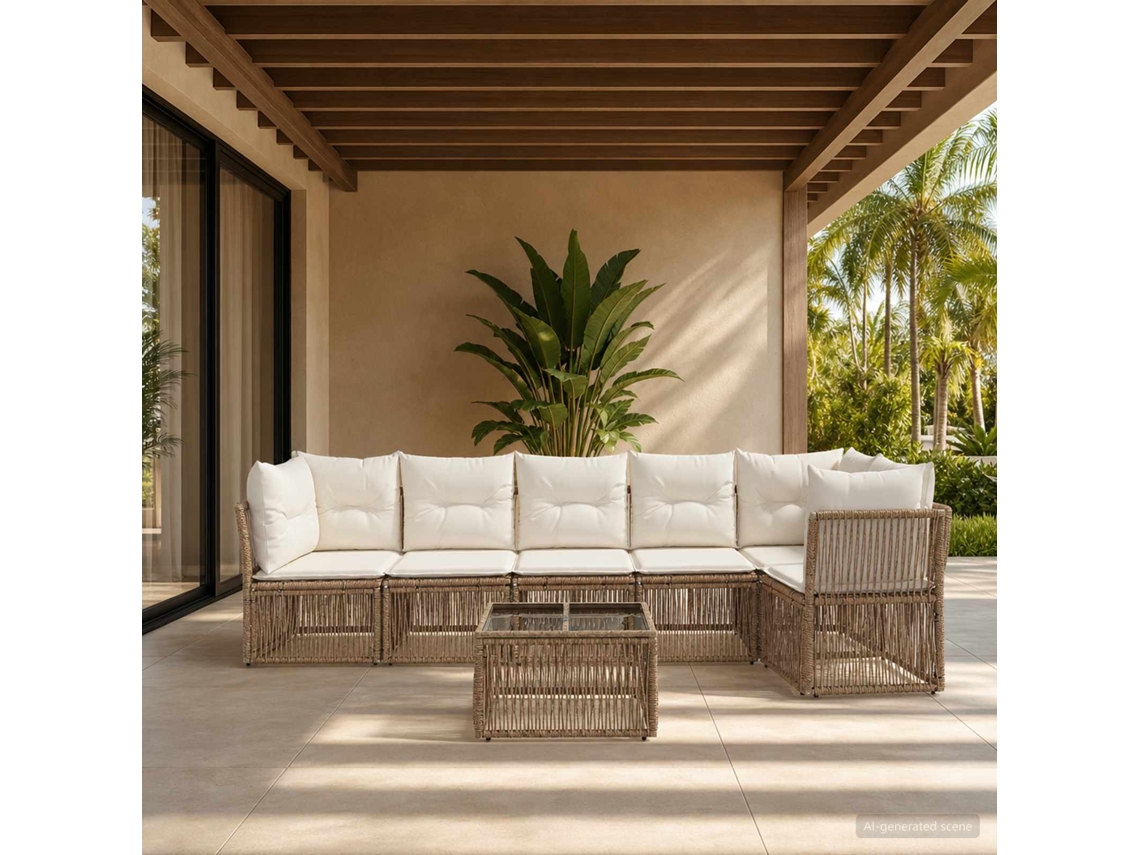 Vidaxl Conjunto De Sofá De Jardim 7 Unid. Bege Vime Pe