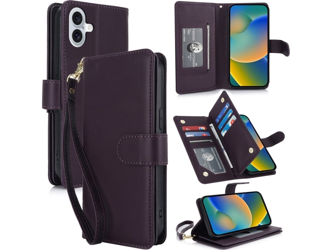 Capa Carteira De Couro Para Iphone 16 Plus - Com Rfid - Para Vários Cartões