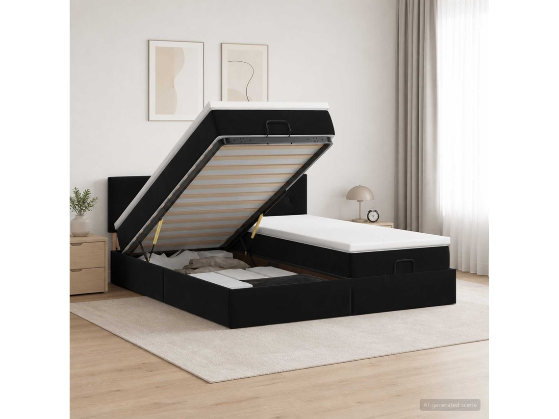 Vidaxl Cama Ottoman Com Colchão E Led Preto 200 X 200 Cm Veludo