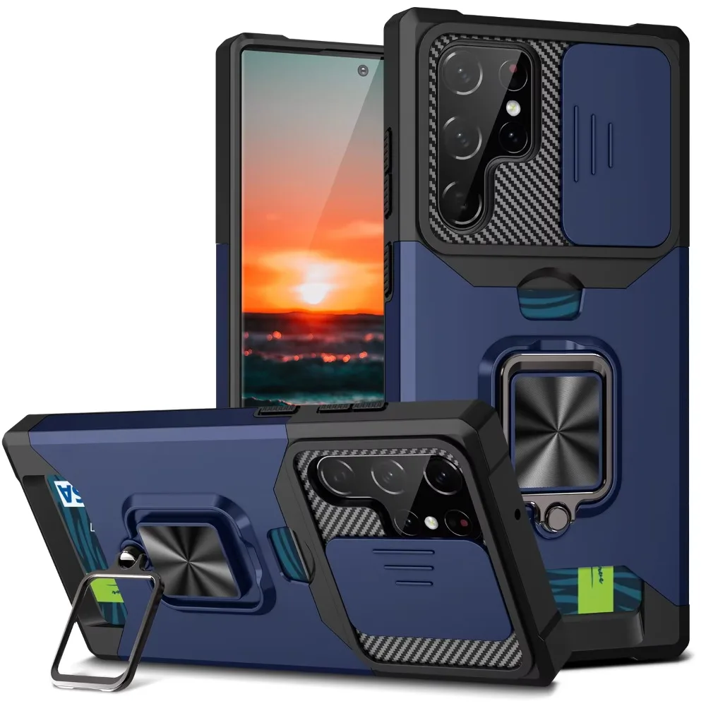(azul, Galaxy S25 Ultra) Capa Protetora Resistente A Impactos Com Compartimento Para Cartão E Suporte De Anel Magnético