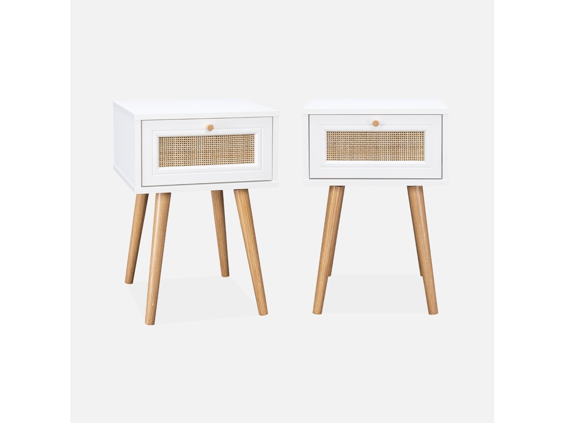 Mesa de Cabeceira com Efeito de Madeira e Cana Set de 2 Branco SWEEEK