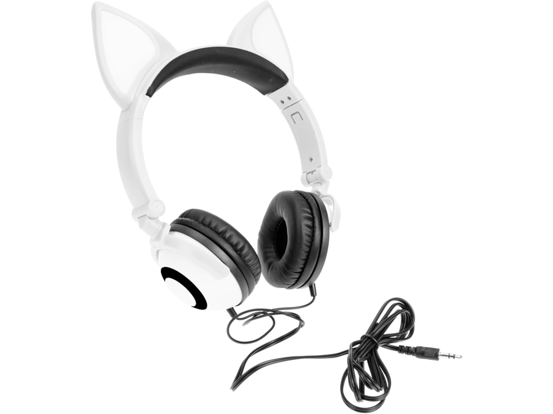 Fone De Ouvido Com Orelhas Gato, Ajustável, Branco, Em Pvc, Para Crianças