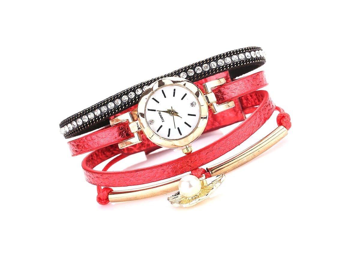 Relógio de Pulso Feminino de Moda com Pulseira de Couro Pu e Quartzo Vermelho