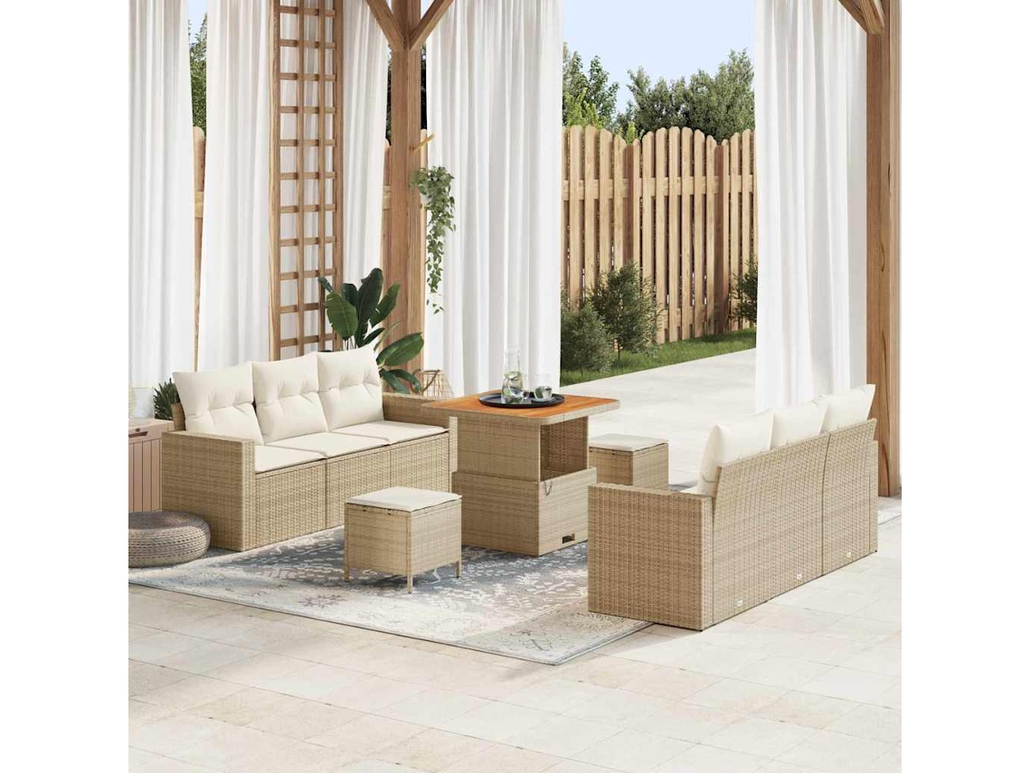 Vidaxl Conjunto De Sofá De Jardim Com Almofada 9 Pcs Bege Vime Pe